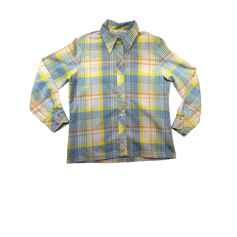 Vintage 70s Plaid Dagger Collar Button Down Blouse Blue Yellow Orange Size 14